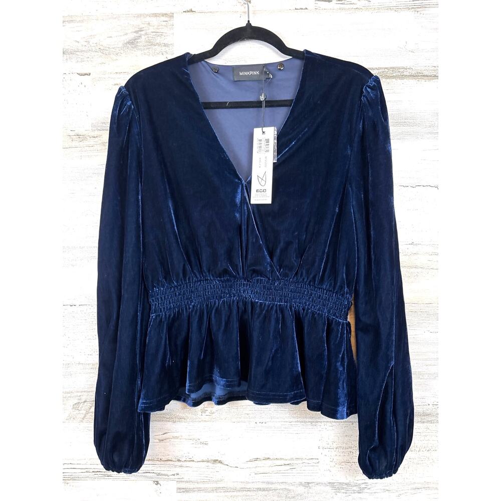 Mink Pink Womens M Blue Velvet Cinch Waist Long Sleeve Blouse NWT Evening